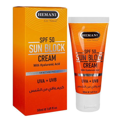 Hemani Sun SPF-50 Block Cream With Hyaluronic Acid, For All Skin Types, Protects UVA+UVB, 50ml