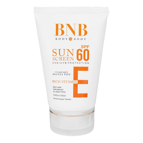 BNB Rich Vitamin E Sun Screen, SPF60, UVA/UVB Protection, For All Skin Types, 120ml