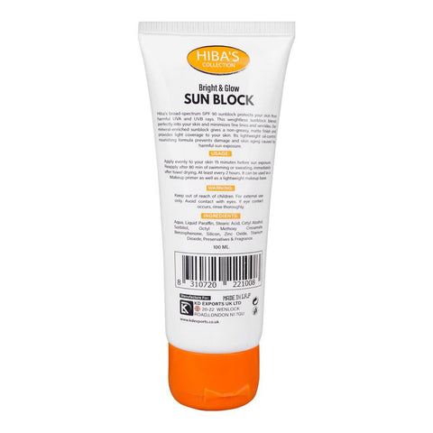 Hiba's Bright & Glow Sun Block, SPF 90+, Water Resistant, Safe For Sensitive Skin, 100ml