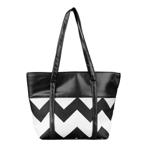 Basix Women Zig Zag Pattern Hand Bag, Black & White, REX-BL02