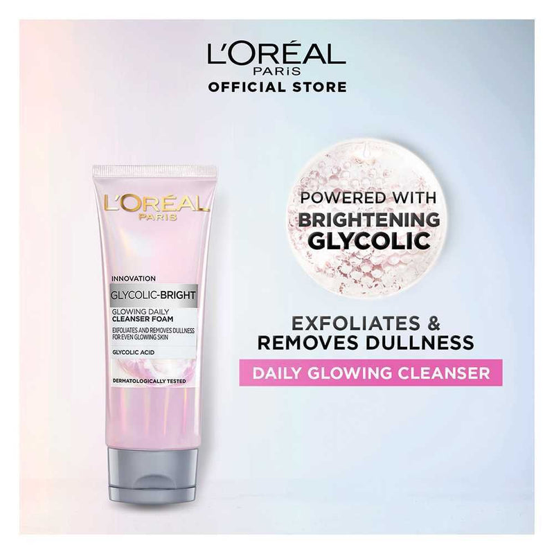 L'Oreal Paris Glycolic-Bright Glowing Daily Face Wash, For Even Glowing Skin, 100ml - Brightening, Dark Spots, Glowing Skin