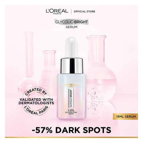 L'Oreal Paris Glycolic Bright Instant Glowing Serum, Reduces 57% Dark Spots, 15ml - Anti-Dark, Spot Brightening Face Serum